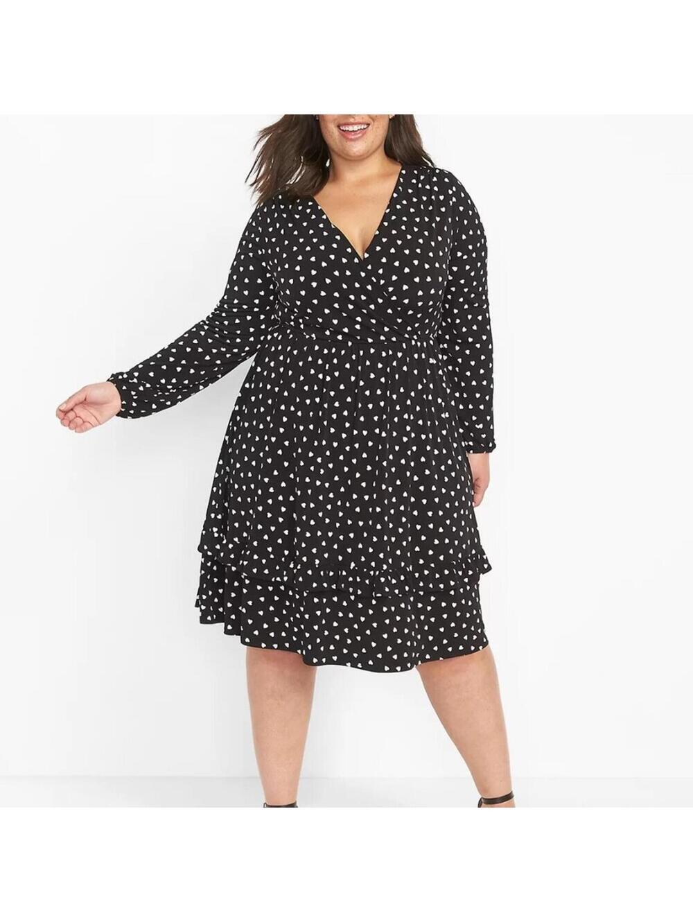 Lane Bryant Fit Flare Ruffle Midi Dress Black White Polka Dot 14 16 NWT Pockets